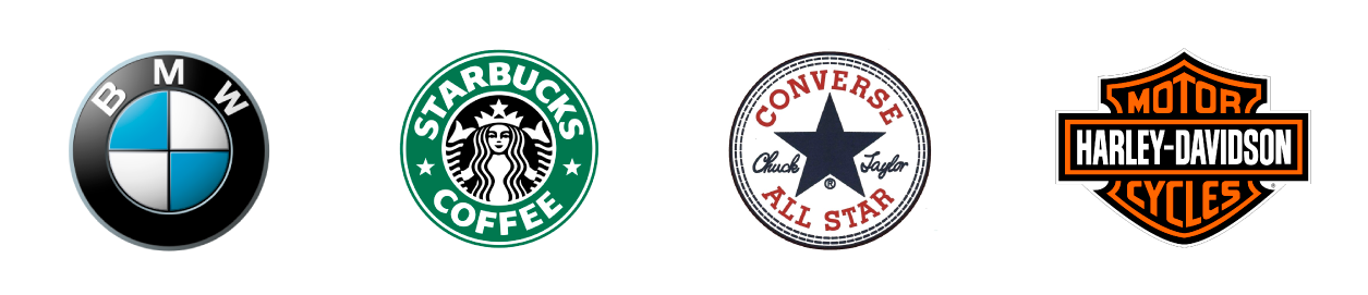 Tipologie di logo - Esempi di loghi Emblema: logo BMW, logo Starbucks, logo Converse All Star, logo Harley-Davidson