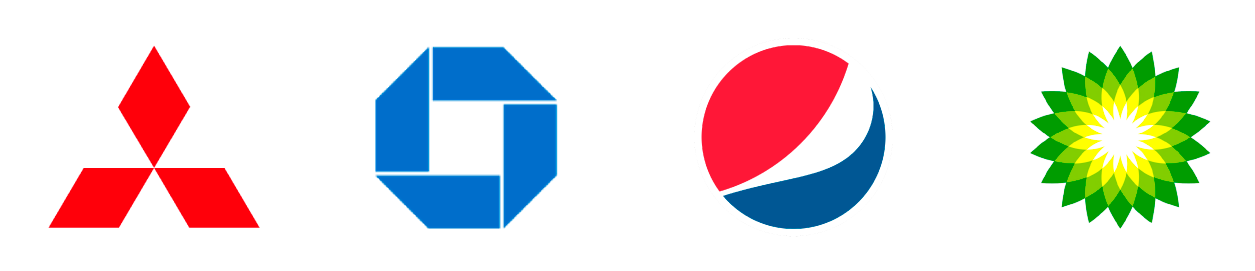 Tipologie di logo - Esempi di loghi astratti: logo Mistubishi, logo Chase Bank, logo Pepsi, logo BP British Petroleum